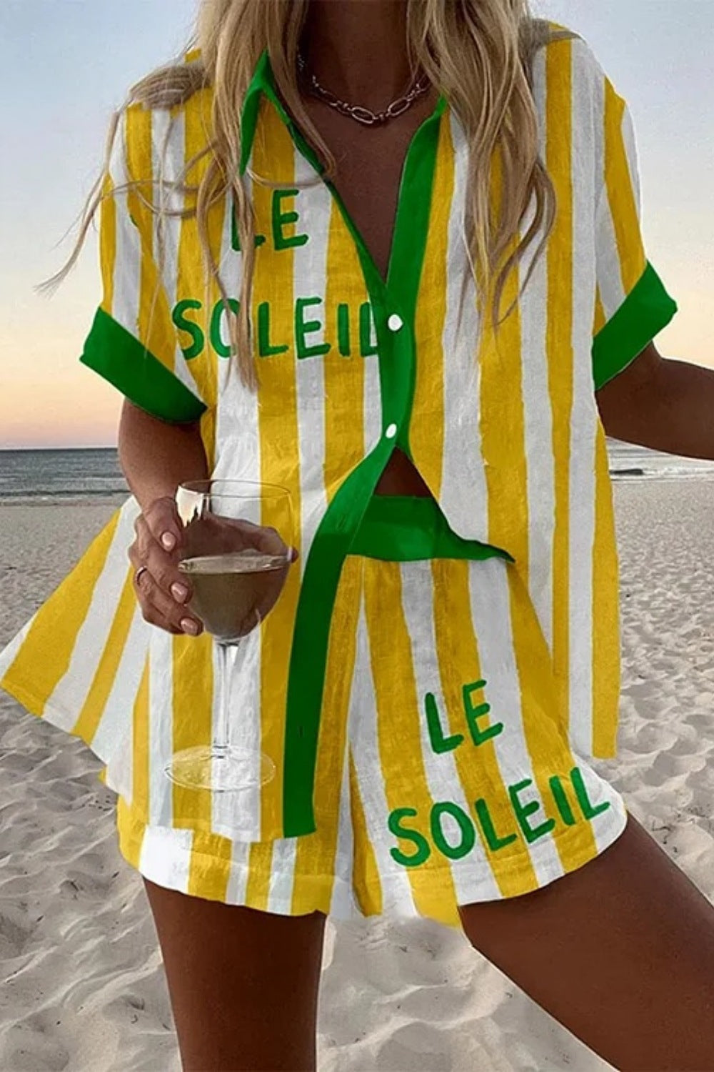 Halora™ | Żółty Stripes Len Krótki Zestaw