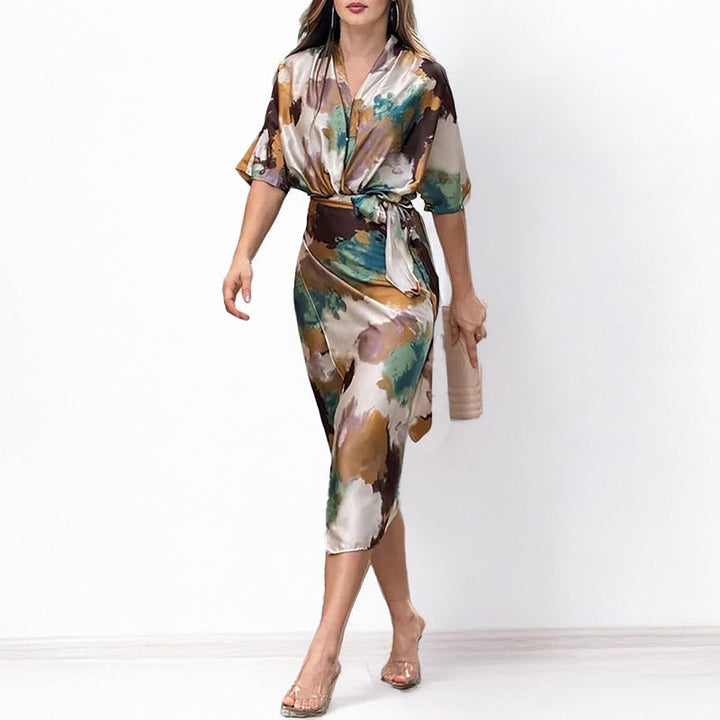 Stefka | Elegancka sukienka z abstrakcyjnym nadrukiem, typu wrap dla kobiet