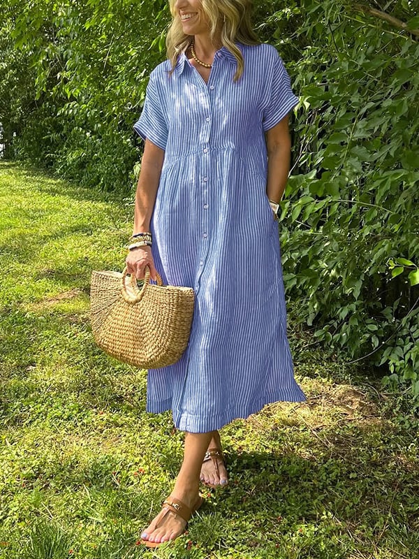 Malina | Sukienka maxi w paski z klapami i guzikami