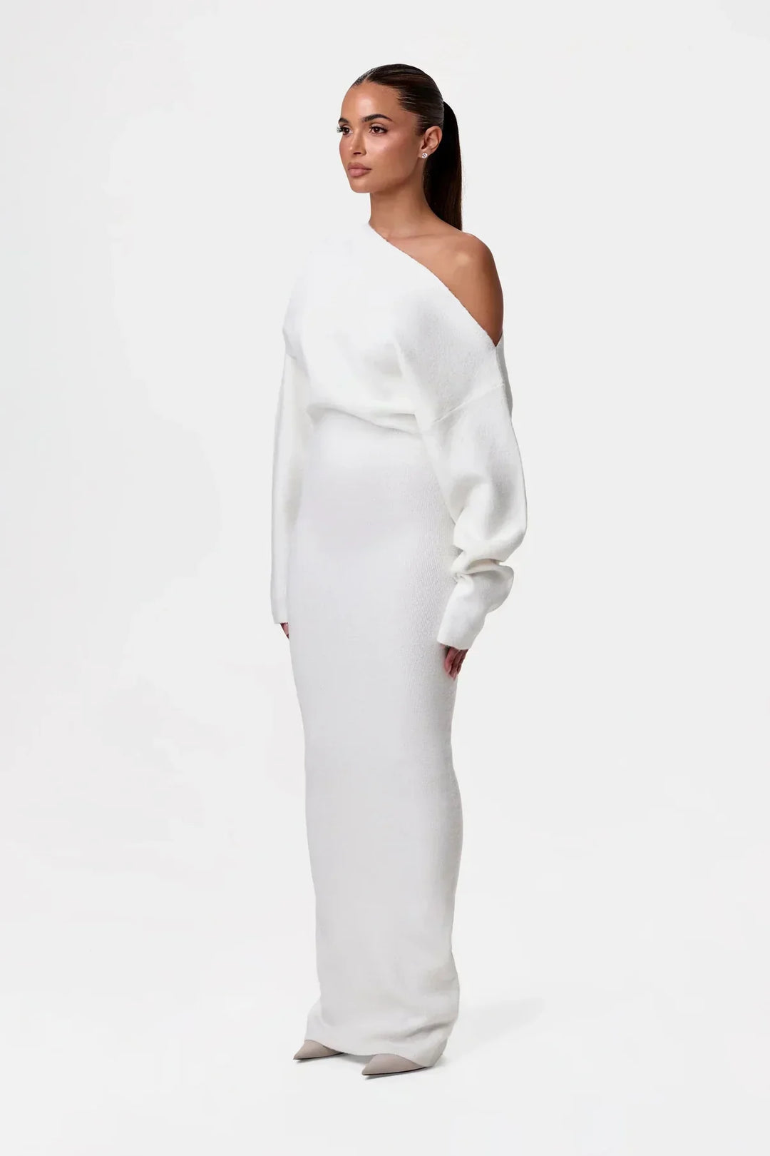 Natalia | Elegancka Sukienka z Dzianiny z Odkrytym Ramieniem