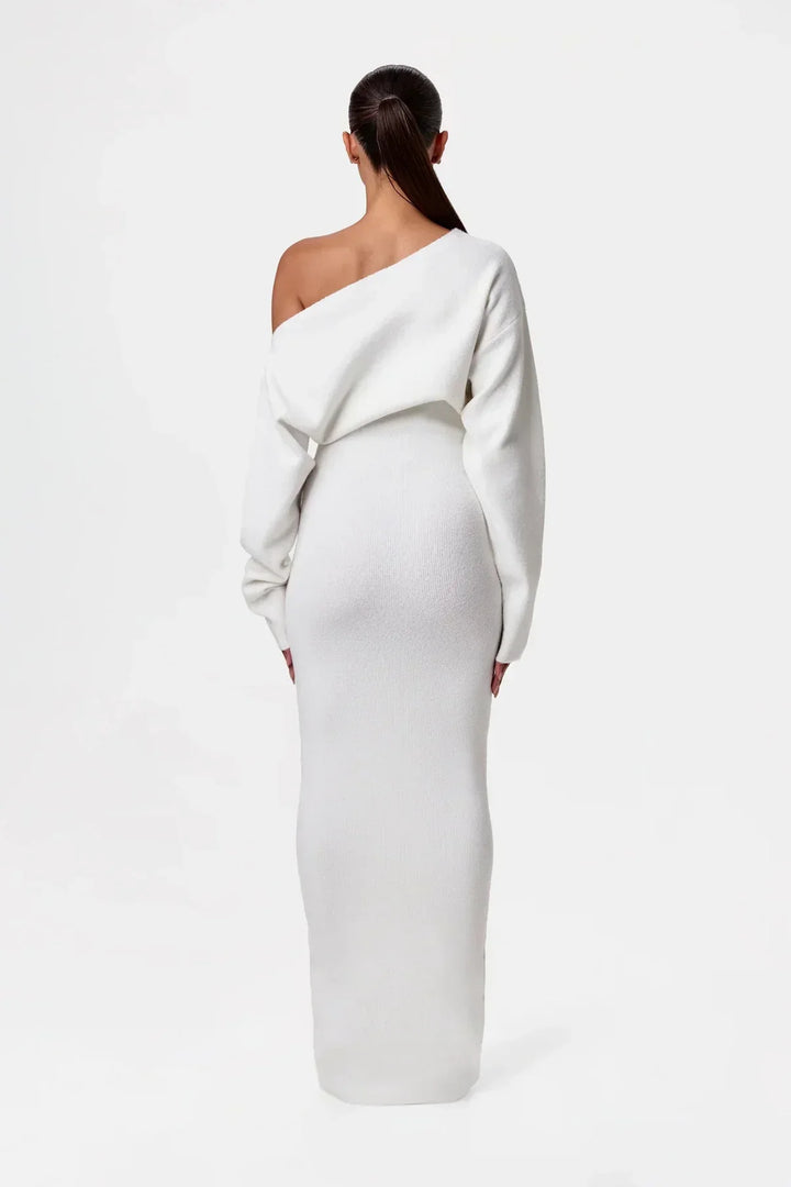 Natalia | Elegancka Sukienka z Dzianiny z Odkrytym Ramieniem