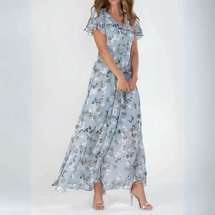 Rozalia | Elegancka sukienka maxi w kwiaty z falbanowymi rękawami