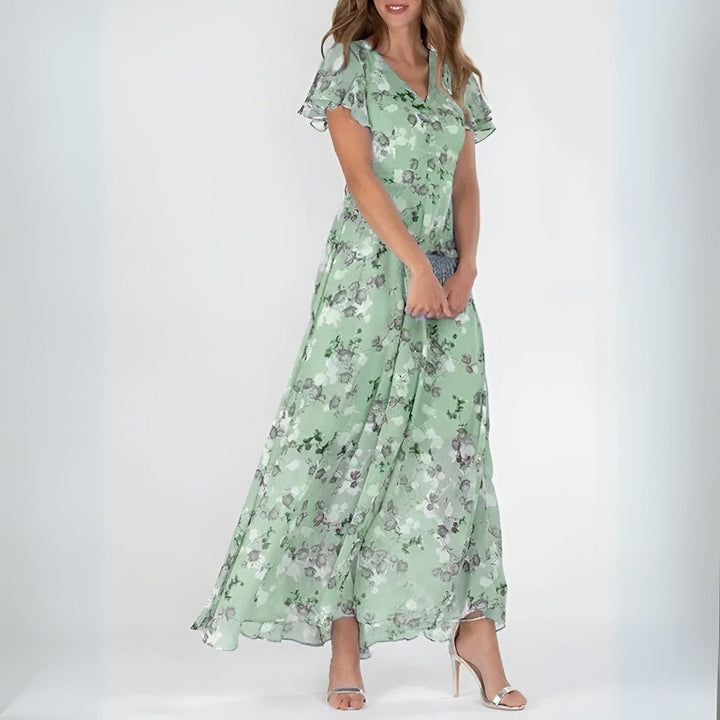 Rozalia | Elegancka sukienka maxi w kwiaty z falbanowymi rękawami
