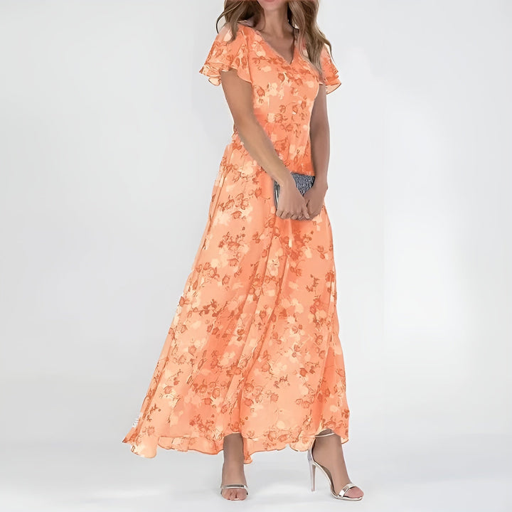 Rozalia | Elegancka sukienka maxi w kwiaty z falbanowymi rękawami